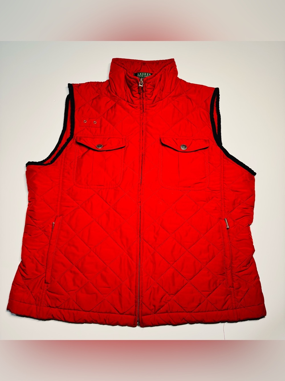Lauren Ralph Lauren Puffer Vest Womens Red Quilted Snap Pockets Zip Lg